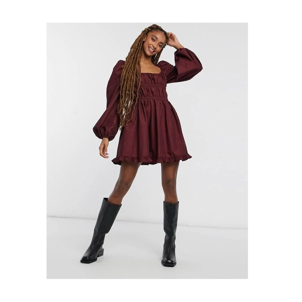 ASOS burgundy gathered bust mini skater ruffle dress 10 puff balloon sleeve